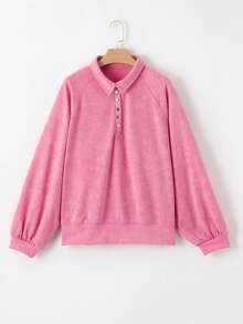 CILKOO Women's Solid Color Casual Loose Half-Button Raglan Sleeve Sweatshirt - Pink - View 7