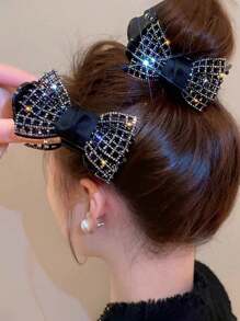 1pc Korean Style Crystal Rhinestone Mesh Bow Design Hair Claw Clip, Elegant Sweet Cute Side Ponytail Clip For Women Daily & Party Wear Fall Winter Hair Clip Hair Accessories For Women For Vacation Outfits Woman