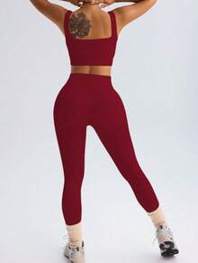 Fitness Set In Ribbed, Full-Bodied Polyamide - Top And Leggings - High Compression - Burgundy - View 3