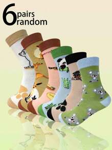 6 pares de calcetines medianos de mujer cómodos y versátiles con estampado de animales de dibujos animados, de uso regular casual, de tela suave, para primavera/verano/otoño