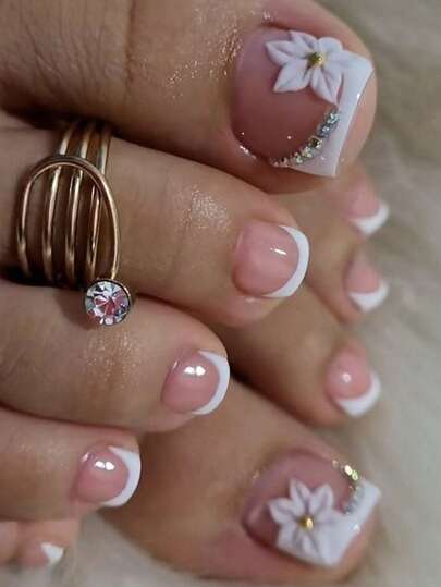 24Pcs Short White Toenail Art Set With French Design Flowers & Rhinestones, Includes 1 Nail Filer & 1 Gel Nail Polish (Suitable For Women'S Daily, Dates & Parties) Press On Nails Nail Supplies Nails