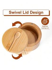 1 Piece Bamboo Salt And Spice Storage Container With Magnetic Swivel Lid And Spoon, Bamboo Organizer Box For Salt, Pepper, Spices, Sugar, 6 Oz