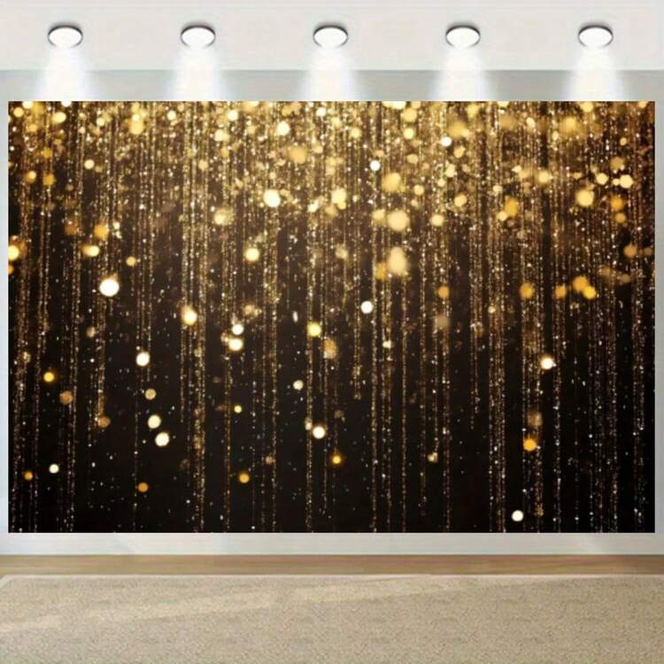 Una cortina dorada brillante con un fondo negro combinada con lluvia dorada, luces centelleantes y chispas, una tela de fondo multifuncional de poliéster adecuada para fiestas de lujo y ceremonias de premios, pancartas de fiestas festivas, sin necesidad de electricidad. - Multicolor - Añade 4