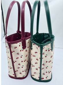 1 pieza Bolso de mano mini elegante y sencillo de PVC con estampado de cereza, lindo y práctico para mujeres, adecuado para uso diario, ir al trabajo, actividades al aire libre, citas, compras, regalo de Navidad