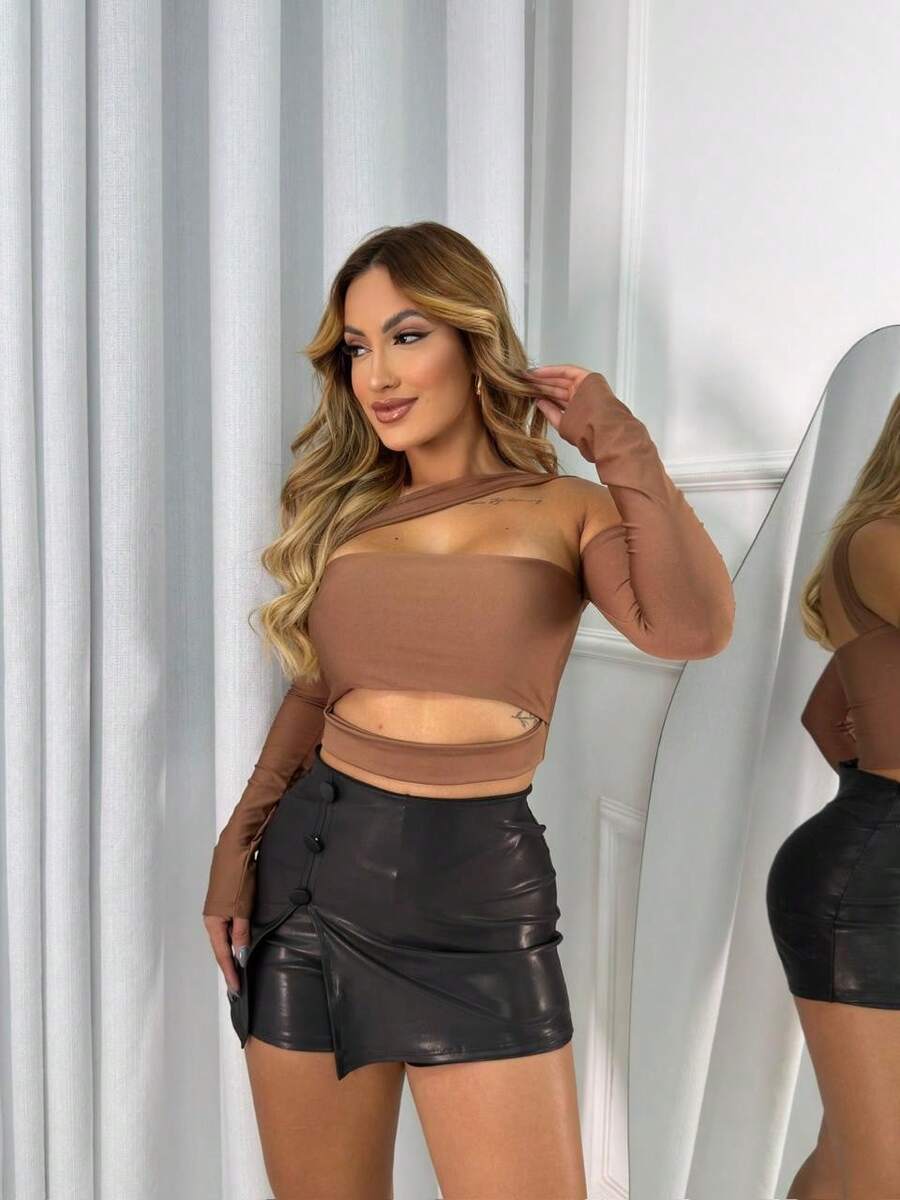 Cropped Top With Cutout Long Sleeves And Low-Cut Off-The-Shoulder Feminine Fashion Blogger - 鏽棕色 - 查看 1