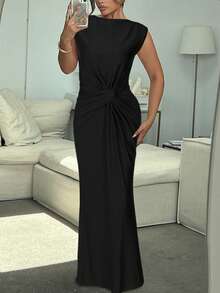 女士夏季无袖拼接修身长裙性感优雅派对礼服舞会礼服婚礼黑色春季 - 黑色 - 查看 3