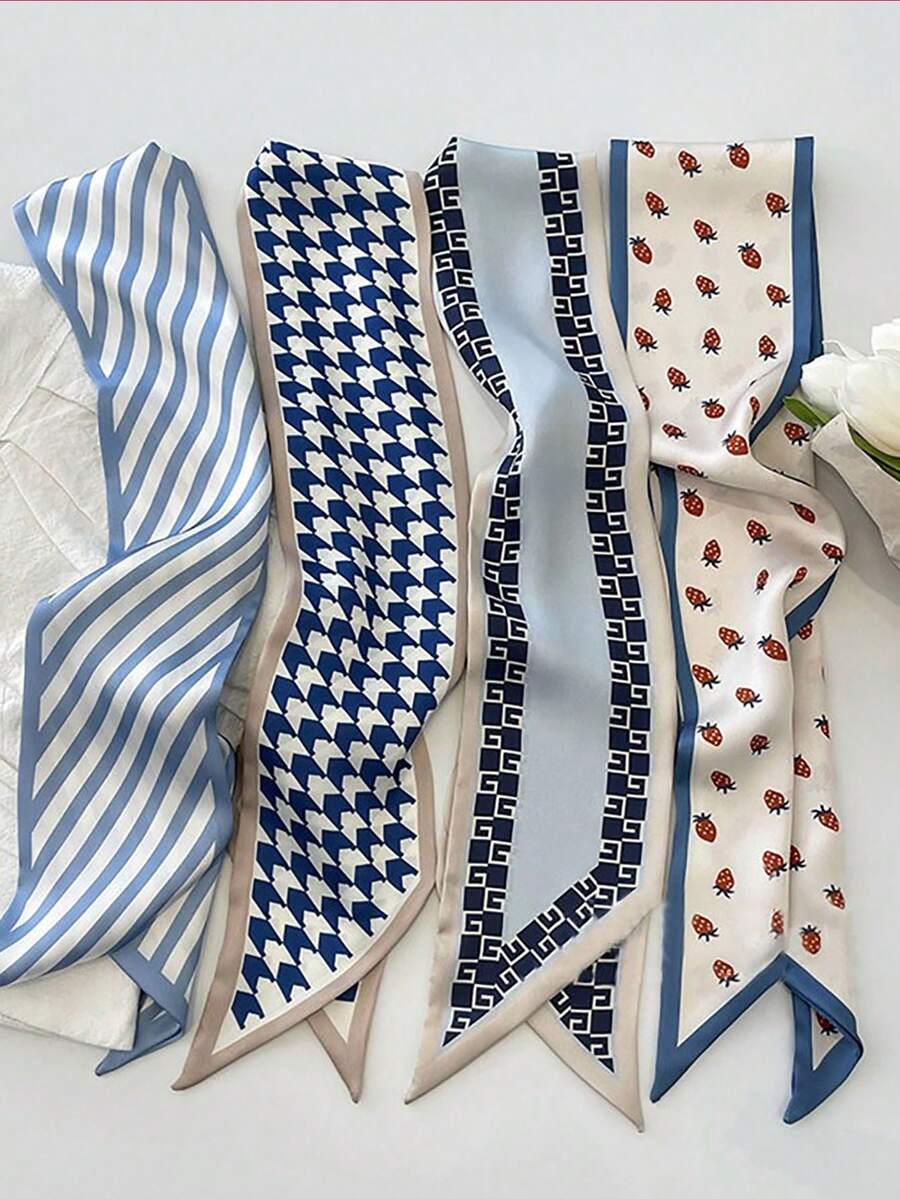 4条装蓝色发带 - 4款女士真丝发巾 | 派对、婚礼、波西米亚风配饰头巾发带吸汗带时尚发饰经典发带，秋冬度假装扮女士头巾柔软头巾 - 彩色 - 查看 1