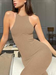 Women's Solid Color Ribbed Knit Sleeveless Bodycon Backless Sexy Casual Street Style Party Fashion Dress, Spring/Summer Elegant - Khaki - View 3