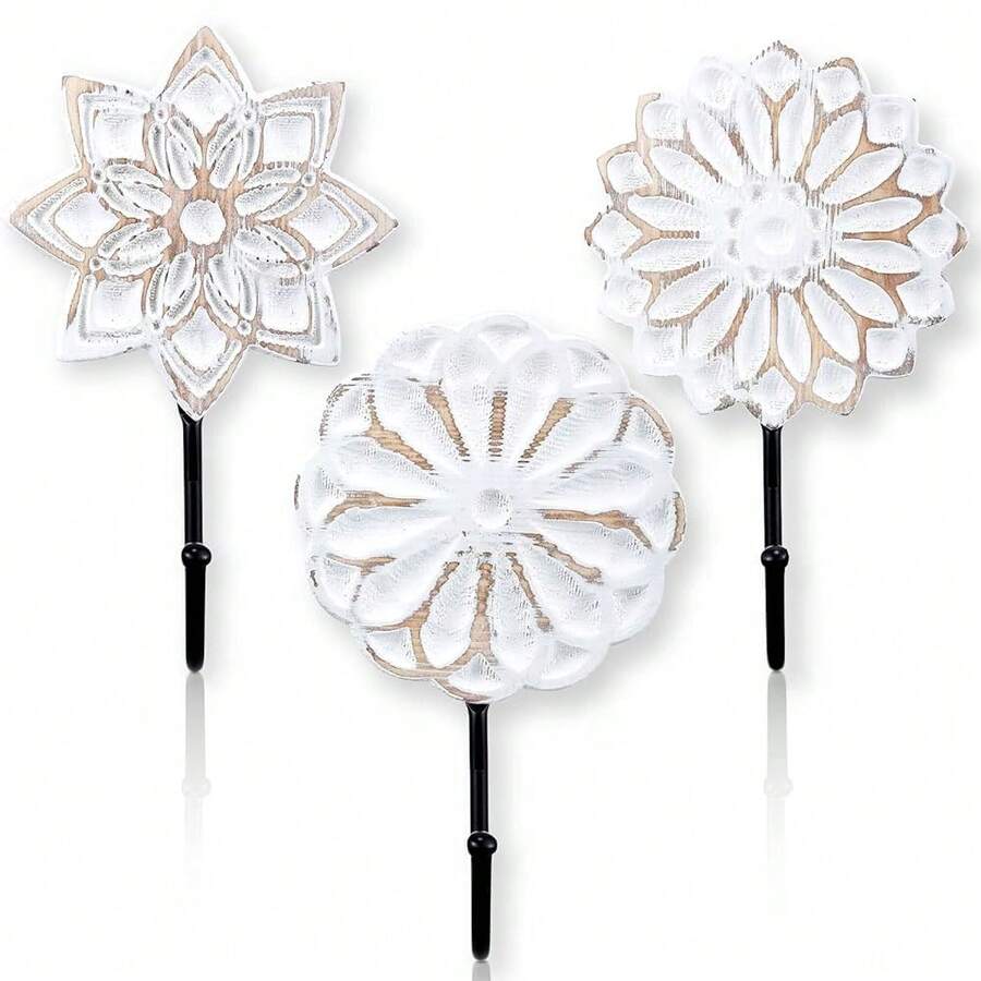 3 Pcs Wood Farmhouse Flower Decorative Coat Hooks, Distressed Vintage Wall Hooks With Screws, White Decoration For Key - Multicolor - View 1