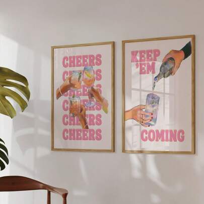 1/2 stuks roze barwagen drank wanddecoratie "Keep 'Em Coming" citaat & Cheers cocktail ontwerp met tropische vakantie achtergrond, retro drank kunstprint voor thuisbar/strandhuis/afstudeerfeest decoratie, perfect cadeau voor haar & beste feestdecoratie (lijstloze print) - Reis geïnspireerde wandprints, strand afstudeerprints voor muren, cocktail thema wanddecoraties