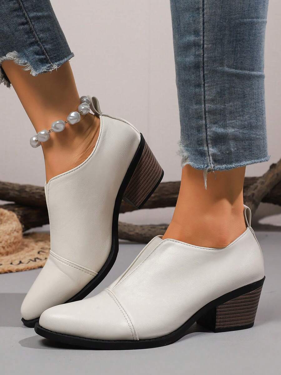 Nouvelles bottes courtes pour femmes, bottes à bout pointu de style coréen, Baskets de mode à talon épais décontracté - Beige - Voir 1