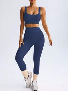 Fitness Set In Ribbed, Full-Bodied Polyamide - Top And Leggings - High Compression - Màu xanh hải quân - Xem 4
