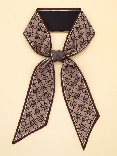 1入女士黑咖啡色迷你花卉印花頸飾，多功能時尚結帶羽毛頭巾，禮盒包裝雅致領巾，髮圈，頭箍，是裝扮時尚造型的理想選擇