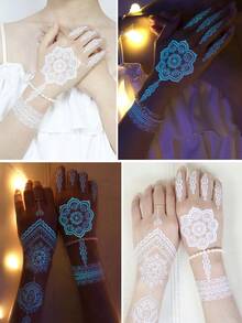 6 Sheets Blue Luminous Tattoo Stickers For Girls, White Lace Lotus Tattoos Mandala Flower Fake Jewelry Pendant Pattern,Glow In The Dark Waterproof Fake Tattoos For Arm Neck Hand Back Finger,Wedding Music Festival Party Supplies - White - View 10