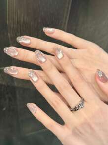 10pcs Summer Sweet Sparkling Diamond Glass Bead Cat's Eye Handmade Acrylic Press On Nails, Simple Cute Short Oval Fake Nails, Full Coverage French Tip Nails With Jelly Glue And Nail File, DIY Nail Art Supplies