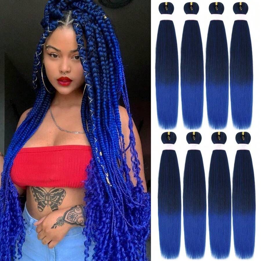 Ombre Pre Stretched Braiding Hair 30 Inch 8 Packs Synthetic Crochet Braids Hot Water Setting Professional Soft Texture Synthetic Hair Extensions 30 Inch 1B 27 - 1B/Biru (Hitam ke Biru) - View 1
