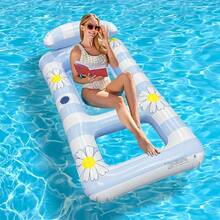 1pc Double Inflatable Float Bed With Backrest & Mesh, Daisy Flower Print Design, Inflatable Pool Float, Suitable For Summer Beach Vacation And Pool Party - Double Hole Daisy Lounger - View 4