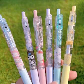 Sanrio 6Pcs Cute Neutral Pens, Smooth And Fast Drying Fashionable Pens, Equipped With A 0.5mm Black Ink Core, Printed With Black Rice, KT Cat, Yugui Dog And Melodic Cartoon Patterns, For Learning, Writing, Signing, Holiday Gift Giving, Fashionable Pens