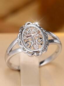 1 pieza Anillo de diseño de cruz delicado de plata de ley S925, anillo elegante de nicho eterno de moda, adecuado para uso diario, regalo de boda