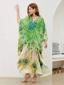 YI XUAN Women's Plus Size V-Neck Peacock Print Beach Dress, Boho Vibrant Green, Peacock Open Screen Print Design, 3/4 Sleeves, Summer Vacation Loose Dress Cover