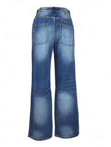 Pantalones vaqueros de cintura media con pernera ancha y estilo informal, sueltos y amplios, con cordón y ojales en la cintura para mujeres - Lavado medio - Ver 3