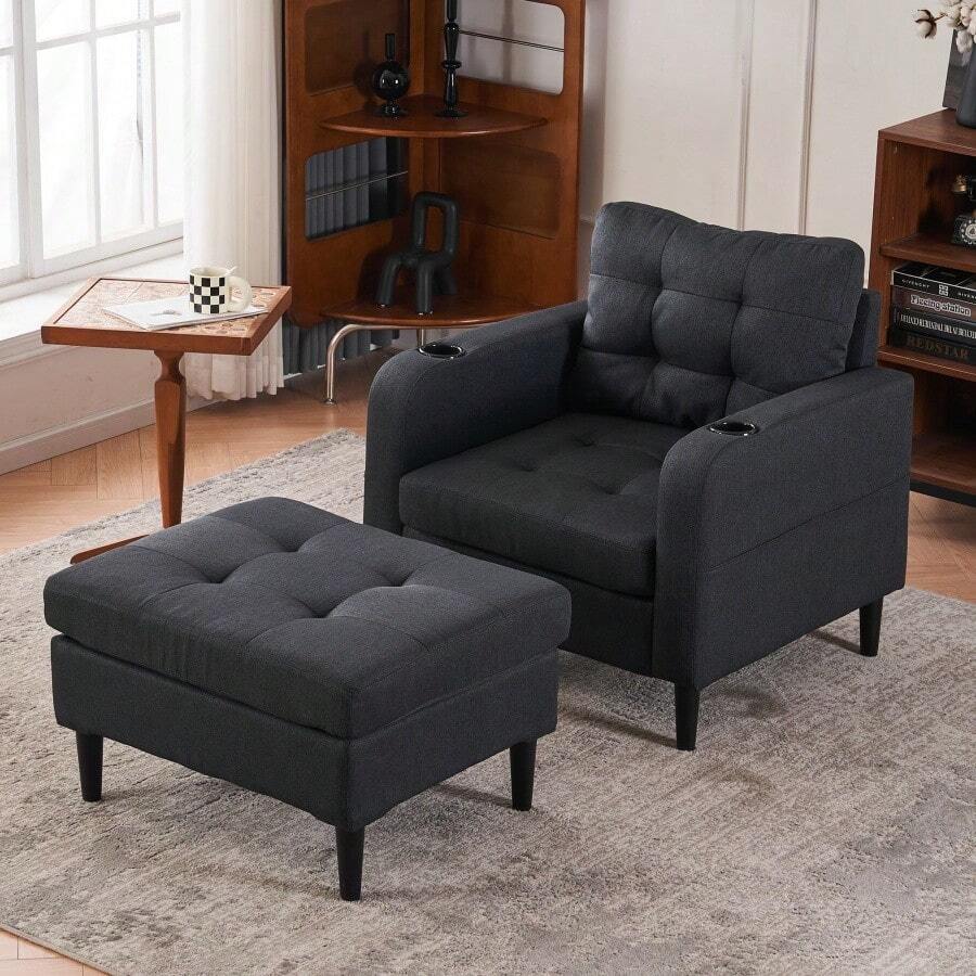 Juego de sillón tapizado en gris oscuro y otomana de almacenamiento - Sofá individual cómodo con portavasos y detalles acolchados, ideal para sala de estar o dormitorio - Gris oscuro + metal + espuma - Ver 1