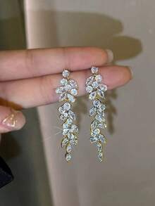 1 对奢华水钻叶子设计吊坠耳环，适合女士佩戴，优雅精致，适合舞会、宴会、派对、婚礼