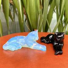 1 pieza Figura de gato de Obsidiana natural/Ópalo, Gato de cristal de cuarzo, Estatua de animal de cristal, Decoración para el hogar, Artículo de regalo de cristal; *El ópalo es sintético, por favor evite si le preocupa