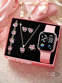 6-In-1 Elegant Girl Square Digital Display, With Rainbow LED Screen, Sparkling Diamond Heart Necklace, Bracelet, Earrings And Ring, Perfect Gift For Parties, Trips, Celebrations, Halloween, Christmas, Back To School, And Gifts For Friends And Family - Multicolor - View 1