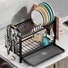 1 Stück 2-stufiger Abtropfständer mit Besteckhalter - Metall und Kunststoff Küchen Arbeitsplatten Geschirrtrockner, Edelstahl Bestecktrockner mit Schneidbrett Rack, Teller und Tassen Organizer