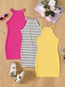 3pcs Set Girls Ribbed Stripe & Solid Color Comfortable Slim Fit Sleeveless Halter Dress - Yellow - View 2