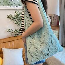Women's Knitted Large Capacity Tote Bag, Solid Color Hollow Diamond Pattern Shoulder Bag, Fashionable Foldable & Easy Storage Shopping Bag, Blue/Orange Handbag, 100% Polyester, Vacation Style, Suitable For Beach Getaway, Gift For Women