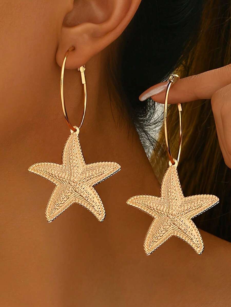 1 Pair Bohemian Shell, Conch, Faux Pearl, Starfish And Sea Life Shaped Pendant , Exaggerated Metal Design Earrings For Daily, Street, Beach Party - Golden - View 1