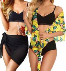 CHICGAL 2 Pieces Women Beach Sarong Bathing Suit Wrap Skirt Sheer Bikini Swimsuit Cover Ups Swimwear - 黑色和香蕉粉紅色 - 查看 2
