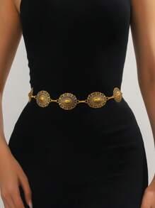 1 Stück Große Größen XXL Westlicher Stil Vintage Blumen Gravierte Gürtel, Schwarze strukturierte Metallkette Taillengürtel Accessoire, passend zu Western Jeans, geeignet für Strand, Urlaub, Versammlungen, Party