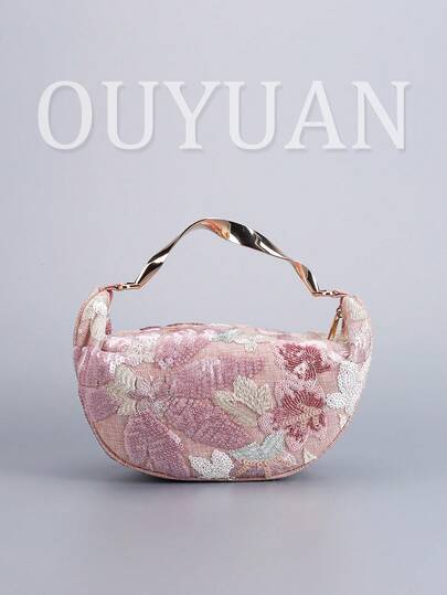 女士精致时尚亮片手提包，小众刺绣花卉晚宴包，金属五金手提装饰亮片拼花新月包。适合派对、度假、约会、购物、婚礼、送礼、节日及日常生活。（图案位置随机裁剪。）