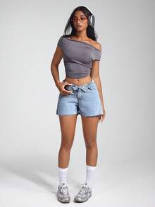 Jeanoix Quần short denim thời trang đường phố không đối xứng cho nữ có viền tua rua cho mùa hè - Rửa trung bình - Xem 6