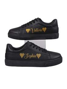 Personalized Heart Design Sneakers, Customizable Glitter Text Name, Birthday, Anniversary, Classmate, Family, Bridesmaid, Bride Gift, Holiday, Couple Casual Shoes - Black - View 9