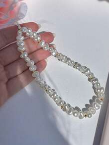 1pc White Crescent Moon Shape Faux Pearl Beads Lanyard, Suitable For Smartphones, Cameras, Wireless Earphones