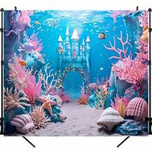 1 pieza Fondo fotográfico del mundo submarino - Fondo versátil de castillo subacuático y arrecife de coral para tema de sirena, fiesta de cumpleaños y decoración de eventos, mantel, cortinas, sin electricidad requerida, primavera/verano