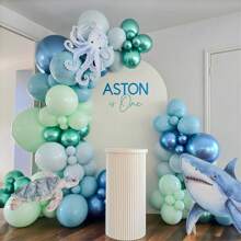 Under The Sea Balloons Garland Arch Kit, 123pcs Dusty Blue Teal Pastel Green Metallic Blue Green Ocean Balloon With Transparent Balloons For Shark BabyShower Sea Animal Birthday Party Decorations