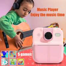 Kinderen camera instant camera, 180° roterende selfie lens print en digitale camera muziekspeler, geniet van de muziek tijd, idee cadeau voor kinderen, kan app verbinding printen, het is zowel een camera en een printer met 2 rollen papier