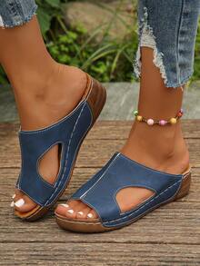 Plus Size 36-45 Women's Fashion Casual Open Toe PU Leather Wedge Heel Slide Sandals, Lightweight & Comfortable Outdoor Roman Sandals, Navy Blue Thick Platform