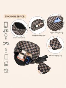 2025新款时尚格纹单肩包带零钱包，大容量，百搭，轻便，斜挎 - 咖啡棕 - 查看 4