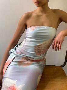 Women Y2k Strapless Tube Dress Bodycon Maxi Dress Solid Color/Floral Print Tie Up Waist Sexy Long Dress For Cocktail Dress Beach Party Summer Vacation Dresses Streetwear - 彩色 - 查看 6