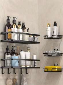 1pc Iron Storage Rack With Hook, Multifunctional Black No Perforation Wall Mounted Corner Storage Rack For Bathroom