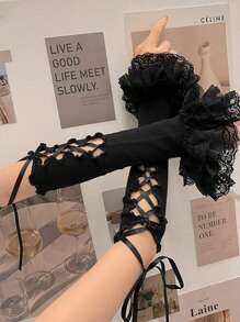 1 paar lange kanten handschoenen, Y2K-stijl strikband mouw, kledingaccessoire, schattige lieve dame vingerloze halve palm mouw, geschikt voor verkleed-/cosplay-/feestoutfit bijpassende Halloween-accessoires winterhandschoenen bruiloft Valentijnsdag