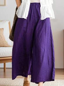 Plus Size High Waisted Wide Leg Pants Solid Elastic Waist Loose Fit Flowy Trousers With Pockets - Purple - View 2