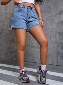 Shorts Denim Casual de Verão com Barra Desbotada e Desfiada