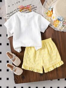 2pcs Toddler Girls' Cute Floral Embroidery Short Sleeve T-Shirt And Ruffle Shorts Set, Summer - White - View 2